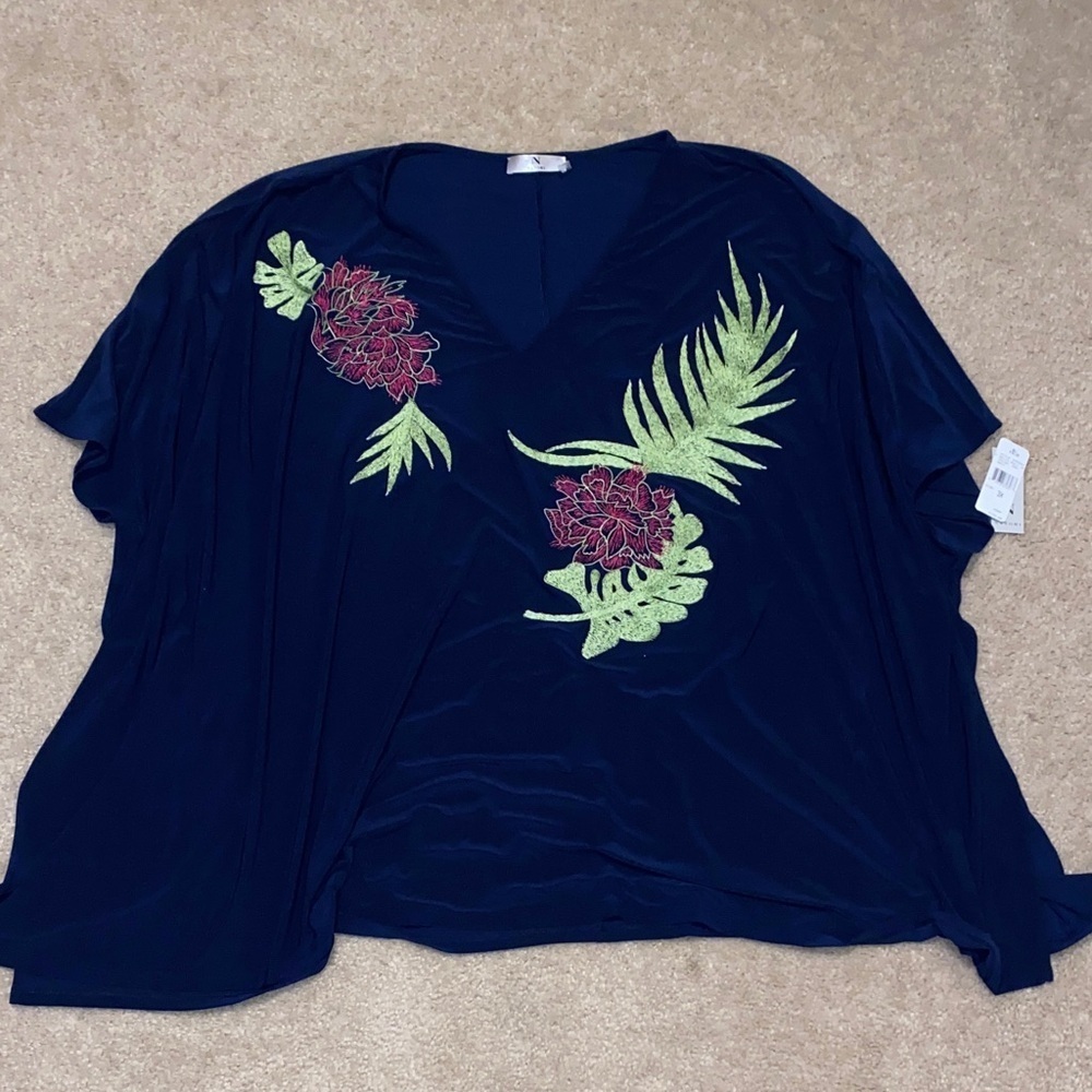 Natori Dark Blue Top with Red and Green Embroidery - Picture 1 of 7